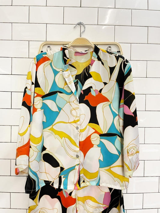 josie natori satin abstract floral wide leg sleep set - good market thrift store