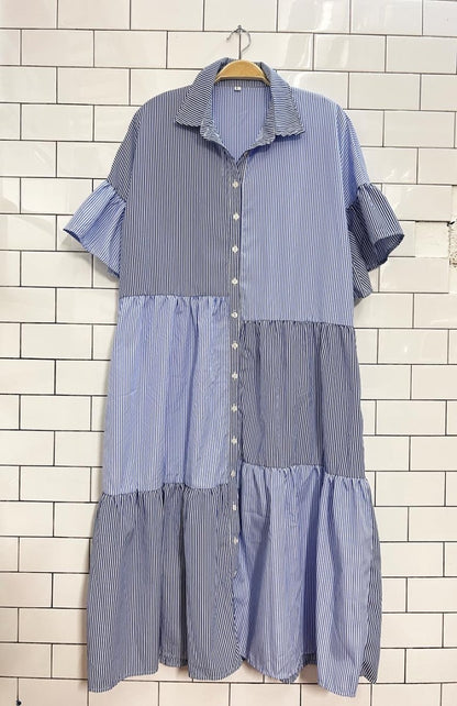 patchwork stripe midi shirt dress - good market thrift store
