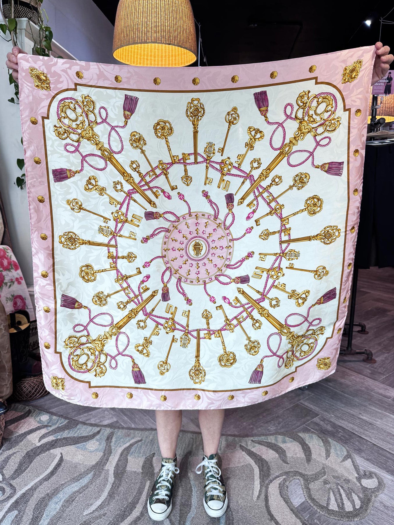 vintage azalea bellagio 100% silk keys + tassels jacquard xl square scarf | made in Italy