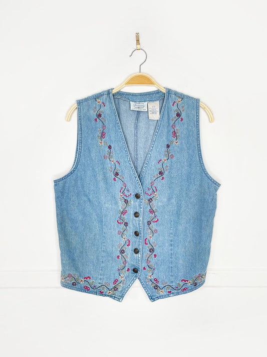 vintage 90s northern treasures floral embroidered denim vest - good market thrift store