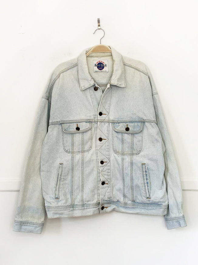 vintage 90s hard rock cafe las vegas denim trucker jacket | save the planet | made in usa