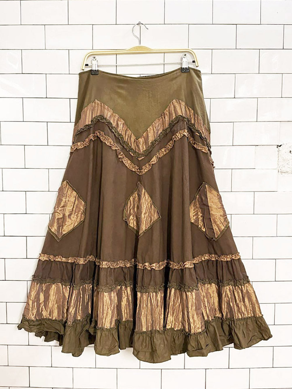 y2k coco & tashi boho ruffle layered midi skirt