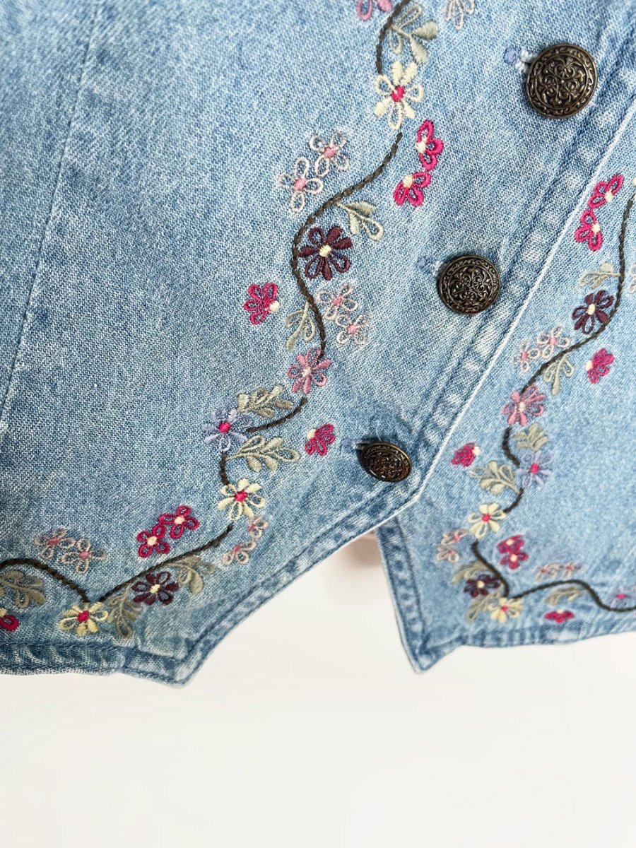 vintage 90s northern treasures floral embroidered denim vest - good market thrift store