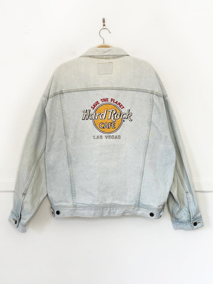 vintage 90s hard rock cafe las vegas denim trucker jacket | save the planet | made in usa
