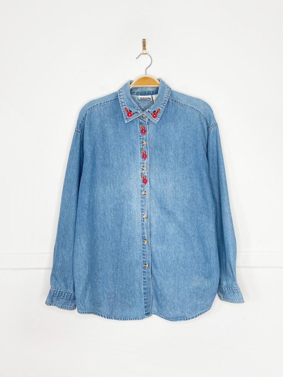 vintage 90s basic editions fall floral embroidered denim shirt - good market thrift store
