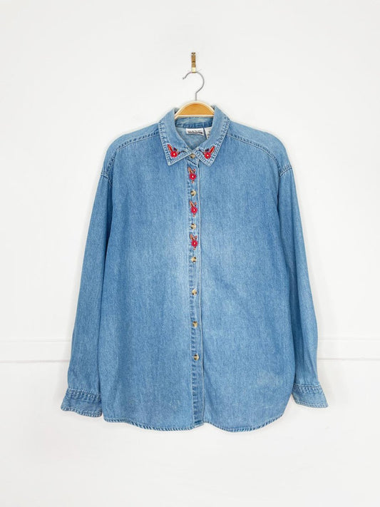 vintage 90s basic editions fall floral embroidered denim shirt - good market thrift store