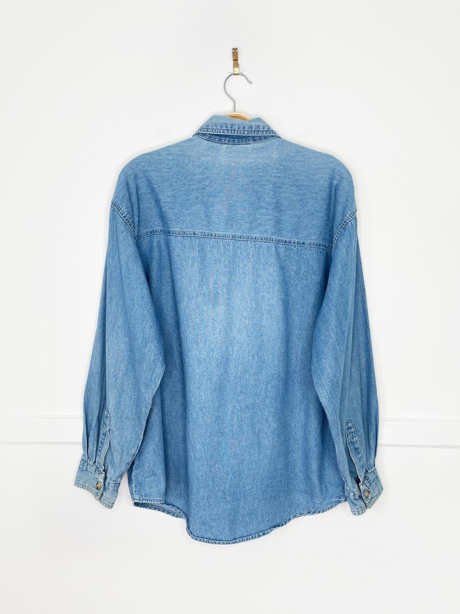 vintage 90s basic editions fall floral embroidered denim shirt - good market thrift store