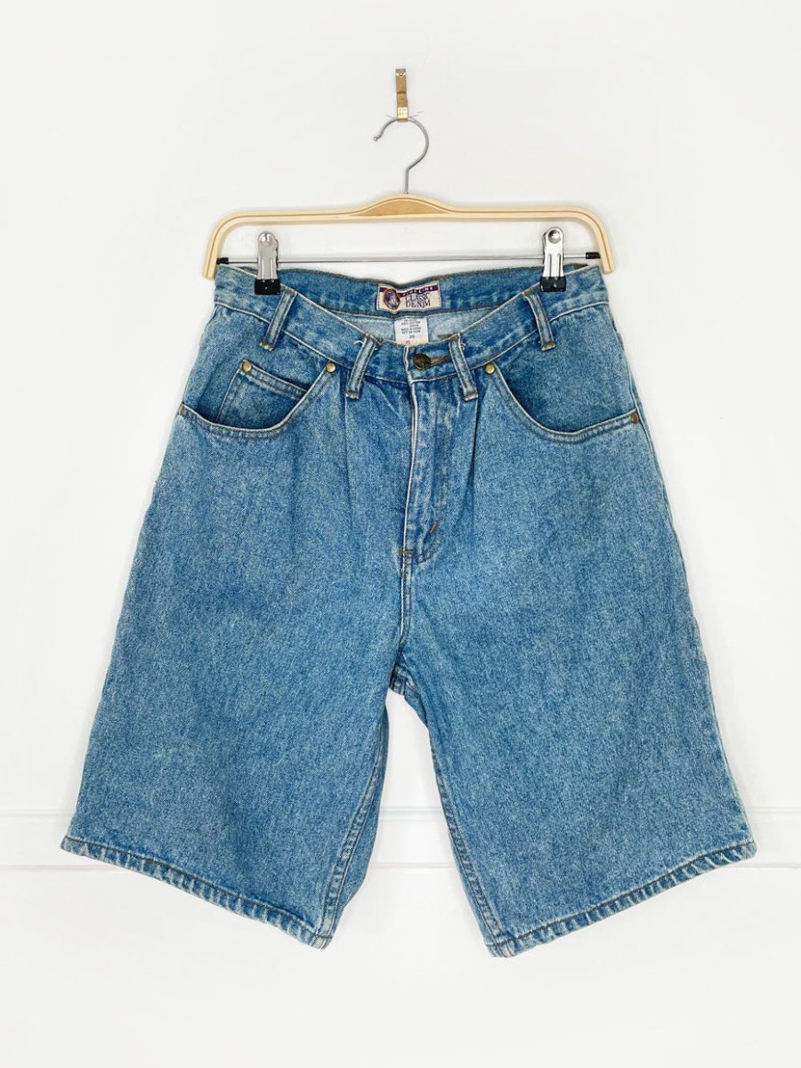 vintage 90s fine line pleated long denim shorts - good market thrift store
