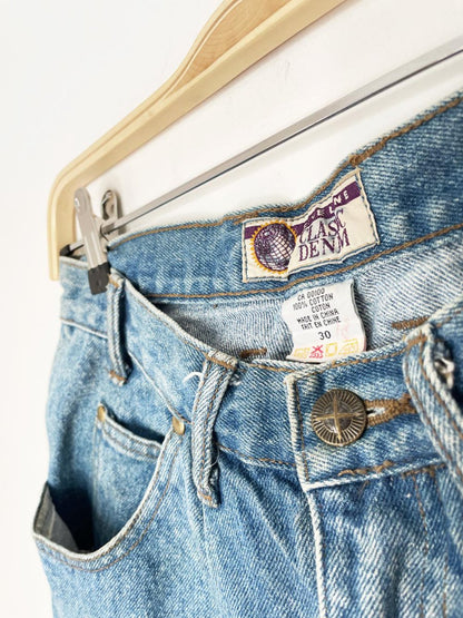 vintage 90s fine line pleated long denim shorts - good market thrift store