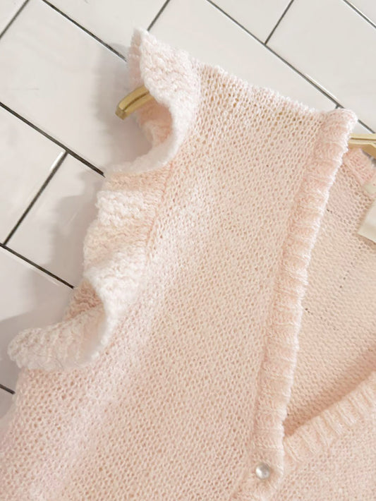 vintage ruffle shoulder full pearl button knit vest