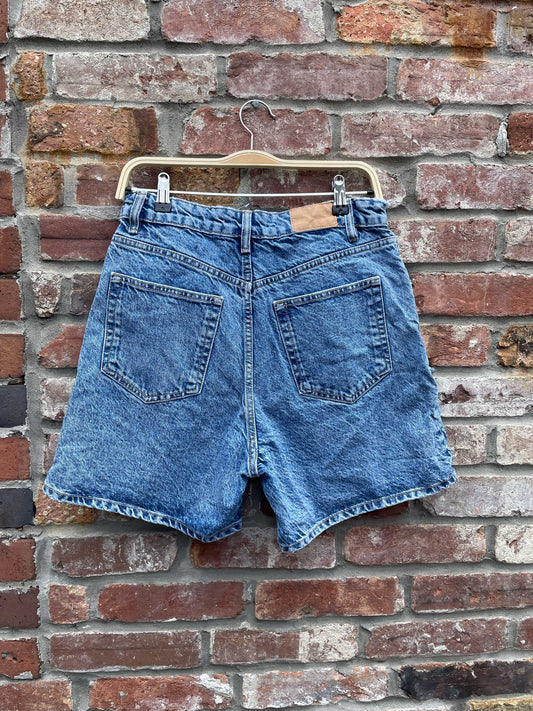 zara high rise long denim shorts
