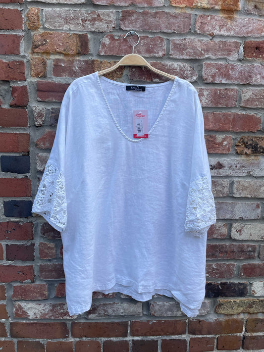 toni t 100% linen top w crochet sleeve