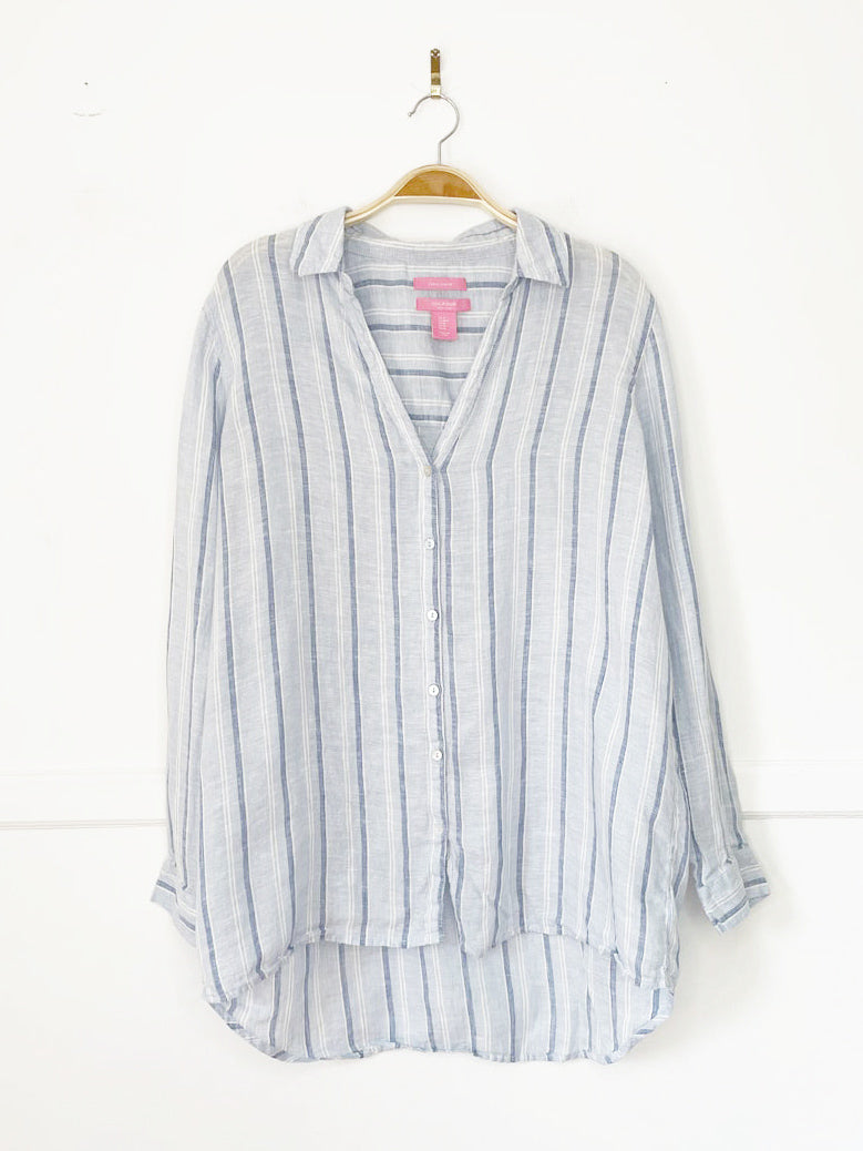 isaac mizrahi 100% linen full button blue stripe shirt