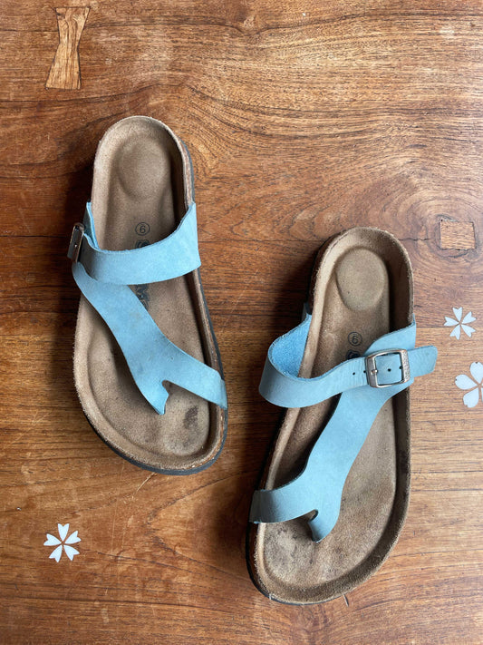 soft moc blue leather wrap thong sandal