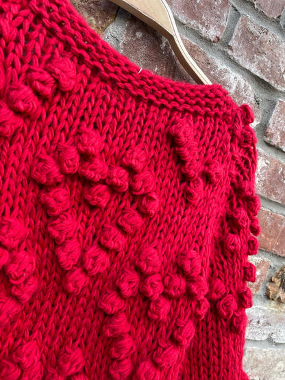 red chunky knit heart pom open cardigan