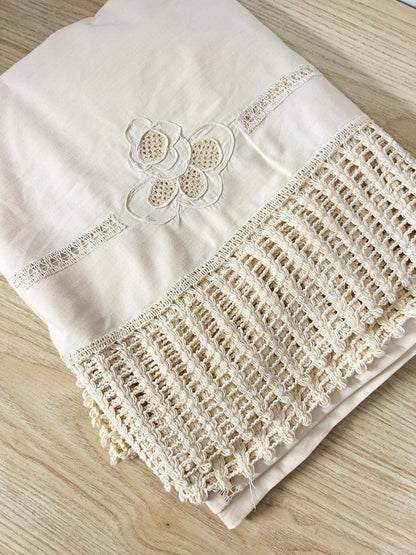 vintage embroidered eyelet linen tablecloth - good market thrift store