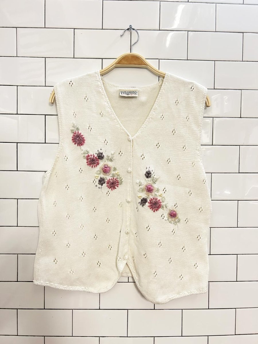 vintage 00s northern traditions floral embroidered eyelet knit vest - good market thrift store