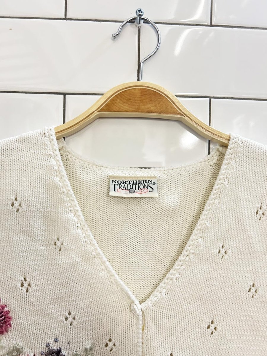 vintage 00s northern traditions floral embroidered eyelet knit vest - good market thrift store