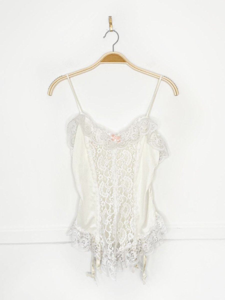 vintage french maid lace trim satin garter belt cami - good market thrift store