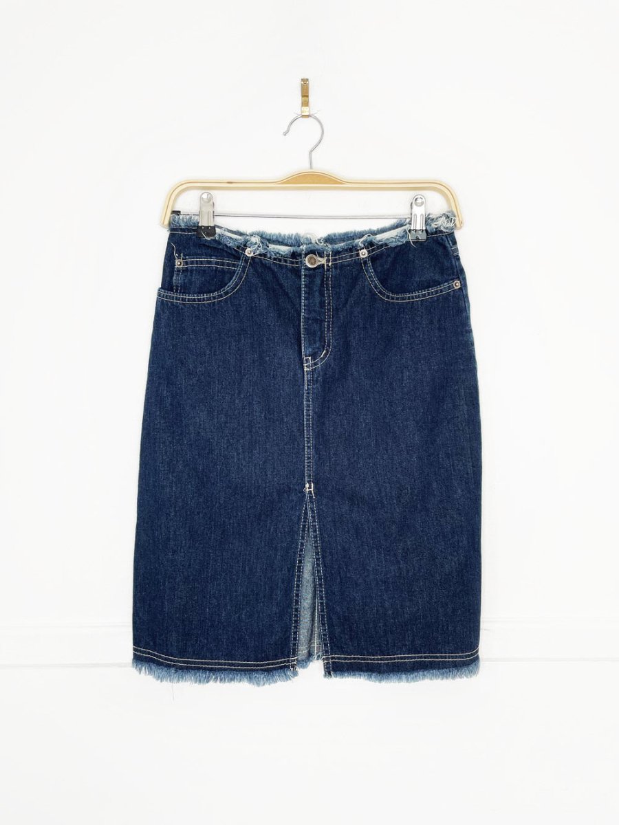 y2k santa barbara raw hem knee - length denim skirt - good market thrift store