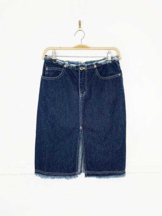 y2k santa barbara raw hem knee - length denim skirt - good market thrift store