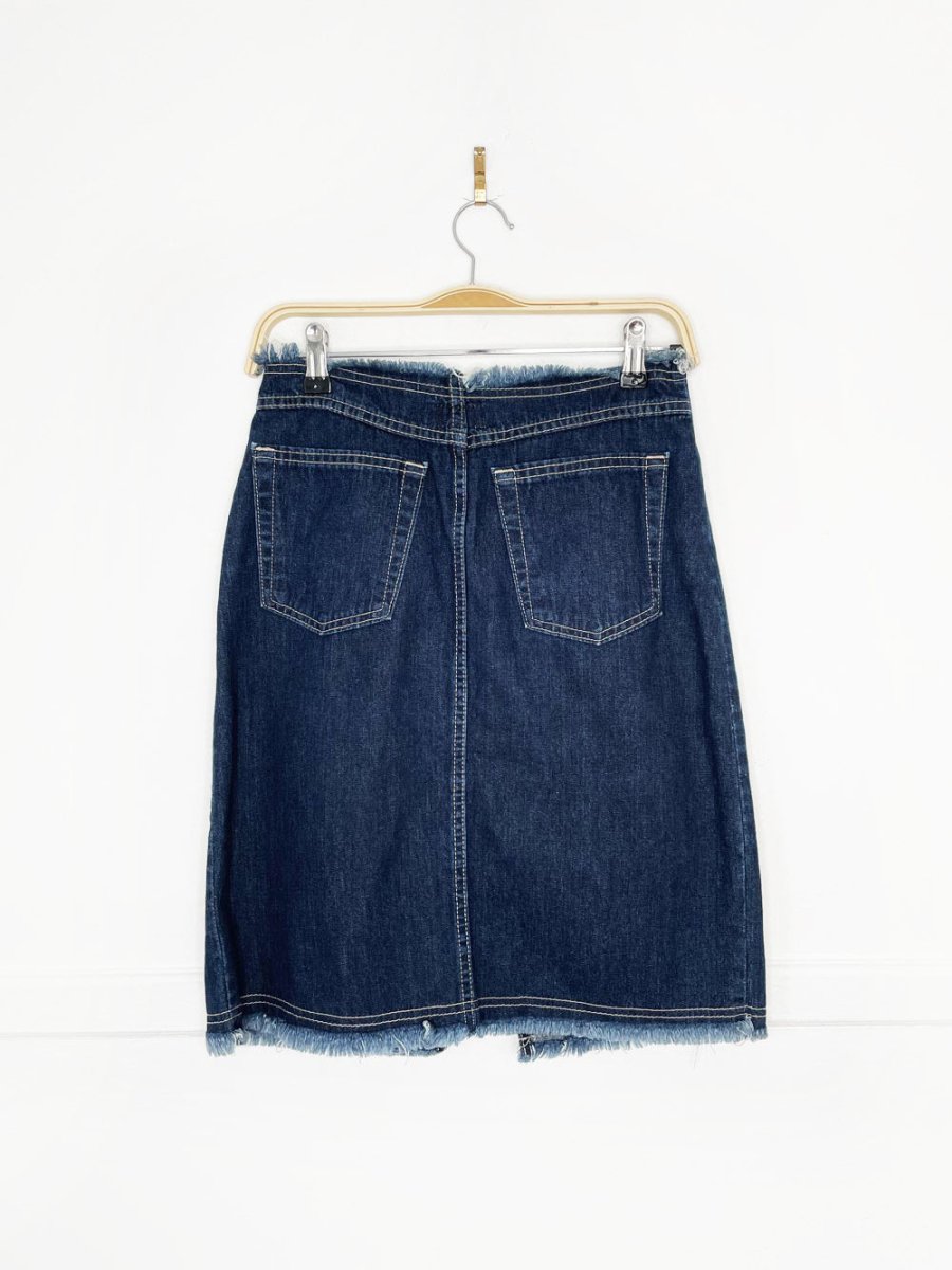 y2k santa barbara raw hem knee - length denim skirt - good market thrift store
