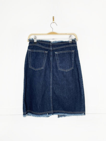 y2k santa barbara raw hem knee - length denim skirt - good market thrift store