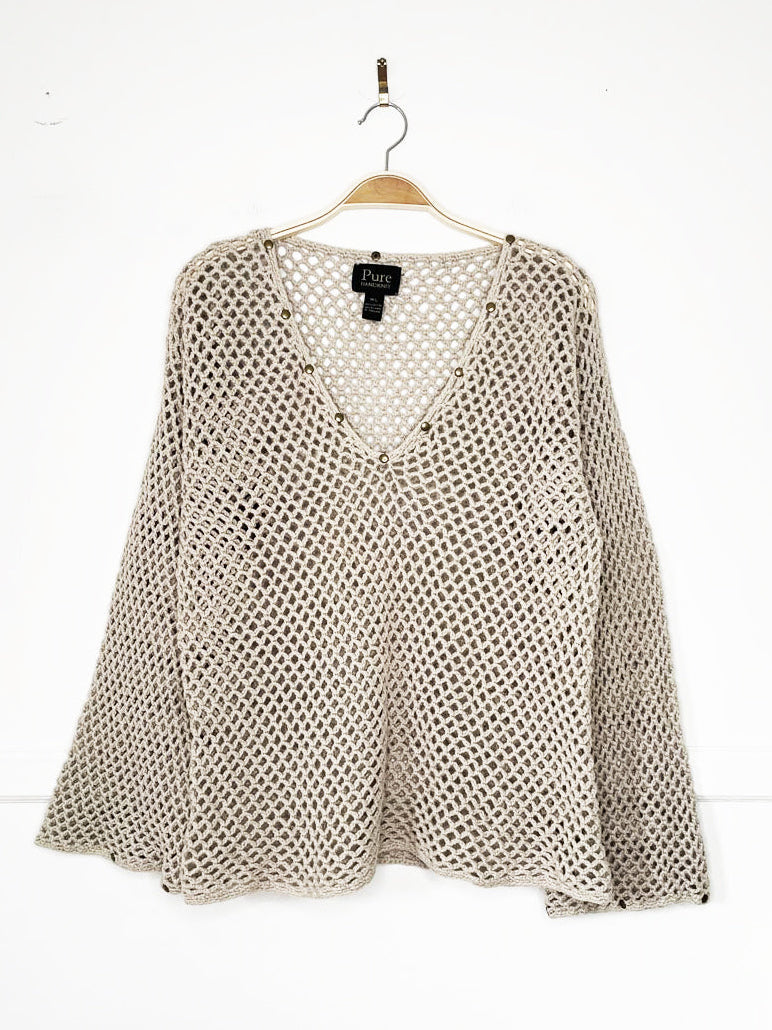 vintage 00s pure handknit loose crochet studded bell sleeve knit top