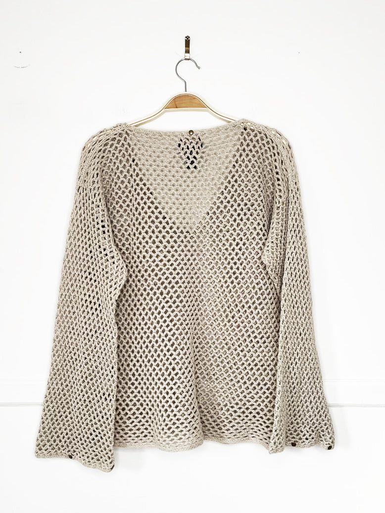 vintage 00s pure handknit loose crochet studded bell sleeve knit top