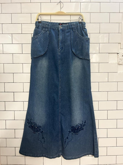 vintage 00s embroidered denim maxi skirt - good market thrift store