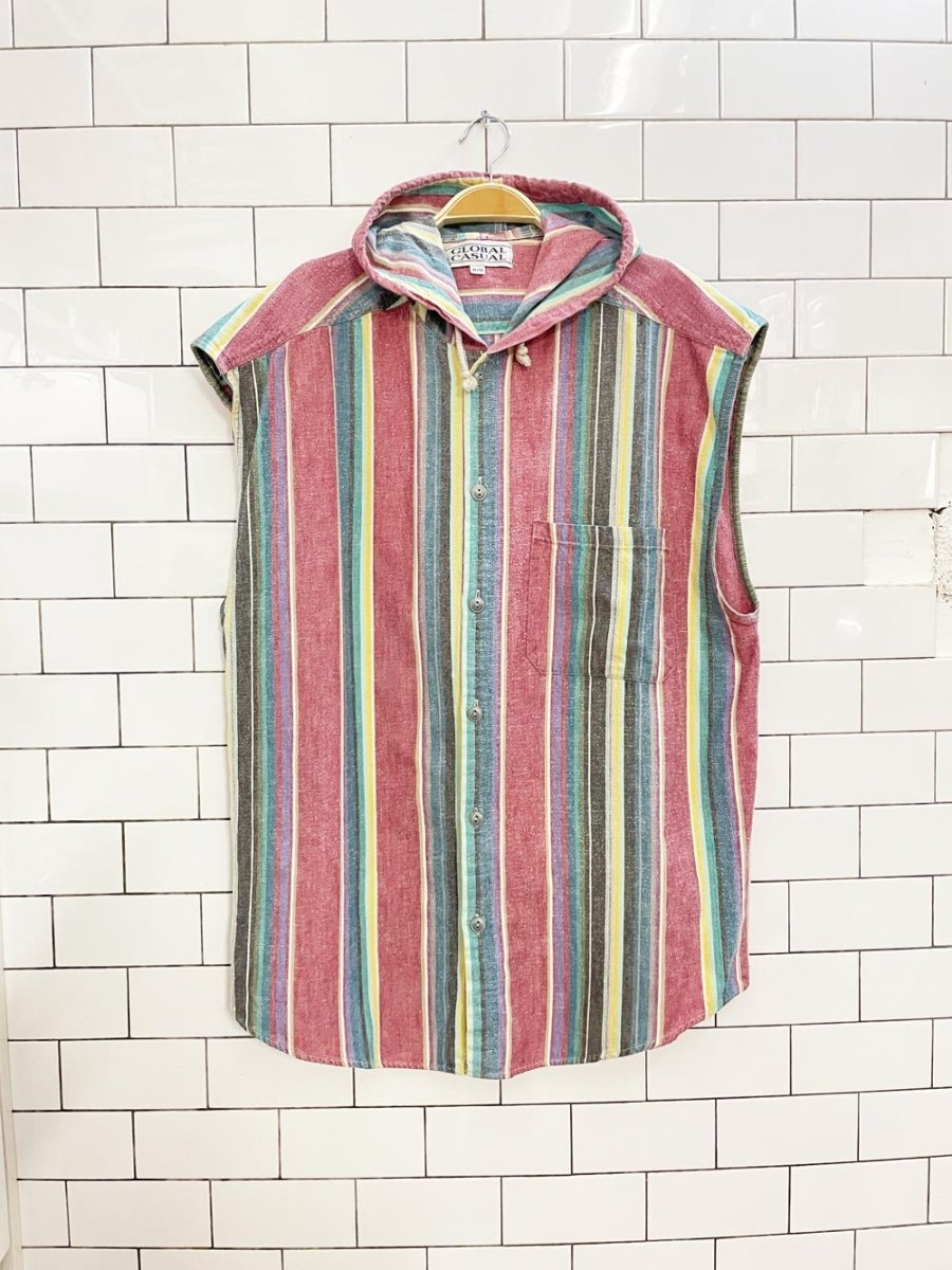 vintage 90s global casual stripe hooded sleeveless shirt - good market thrift store