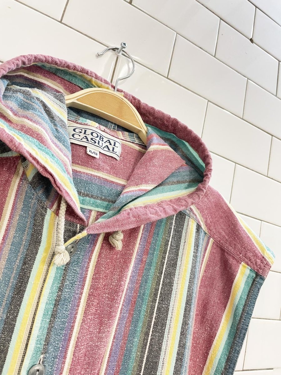 vintage 90s global casual stripe hooded sleeveless shirt - good market thrift store