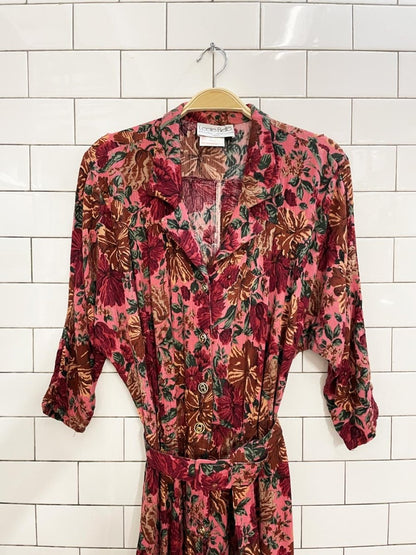 vintage 90s leslie belle floral crinkle midi shirt dress - good market thrift store