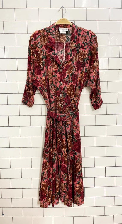 vintage 90s leslie belle floral crinkle midi shirt dress - good market thrift store