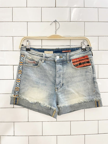 pilcro hyphen embroidered mid - rise denim shorts | anthropologie - good market thrift store
