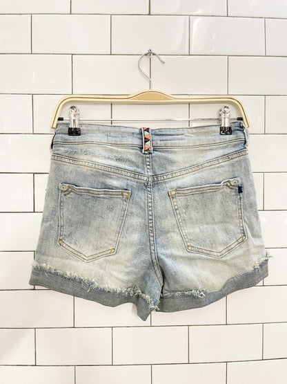pilcro hyphen embroidered mid - rise denim shorts | anthropologie - good market thrift store