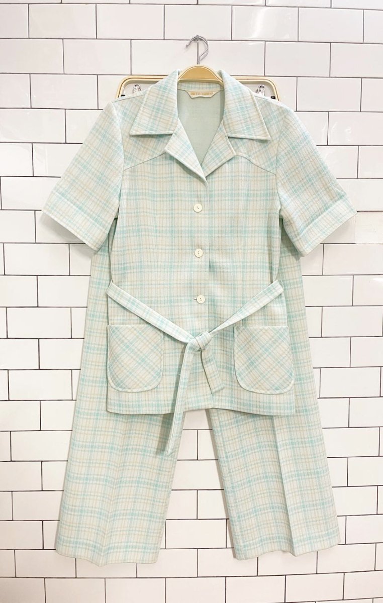 vintage 60s koret of california poly - knit plaid belted pant set | union made - good market thrift store