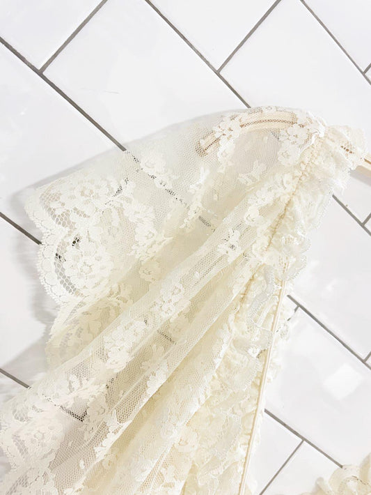 vintage lace ruffle shoulder trim sateen poly knit slip maxi dress