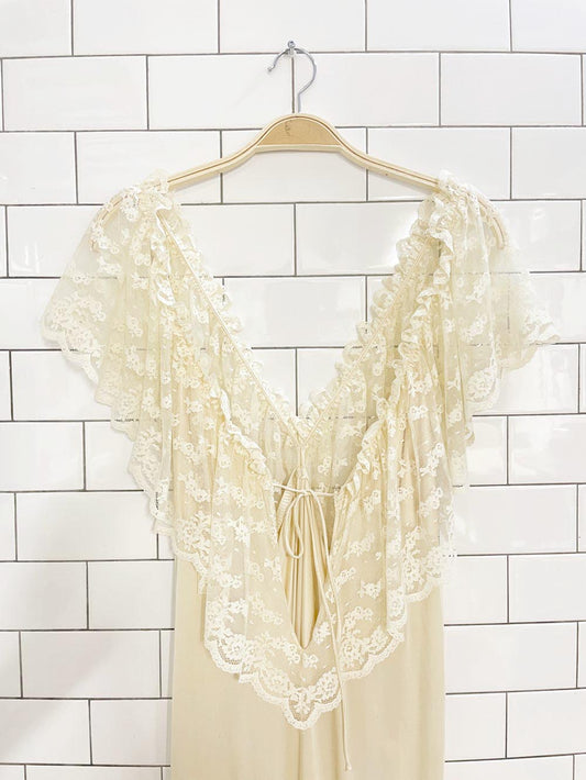 vintage lace ruffle shoulder trim sateen poly knit slip maxi dress