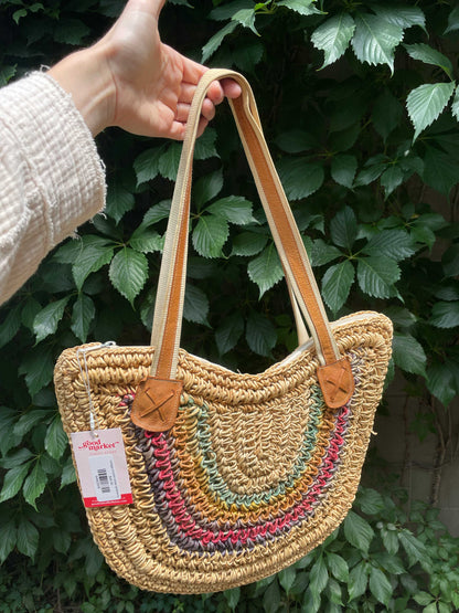 vintage crochet straw rainbow bag