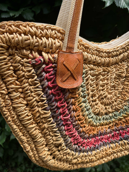 vintage crochet straw rainbow bag