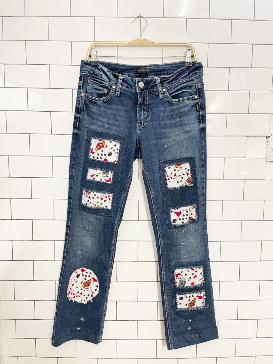 y2k silver jeans britt slim boot deck of cards patchwork jeans - good market thrift store