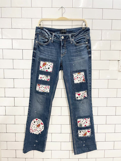y2k silver jeans britt slim boot deck of cards patchwork jeans - good market thrift store