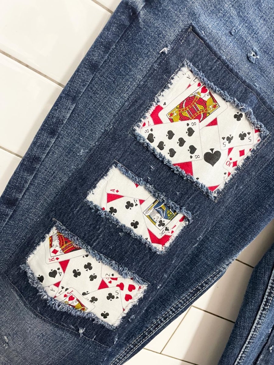 y2k silver jeans britt slim boot deck of cards patchwork jeans - good market thrift store