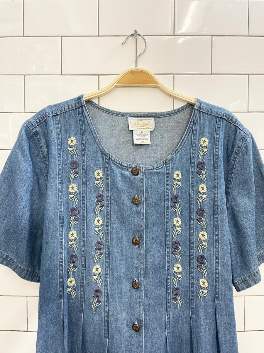 vintage 90s tradition embroidered tie back denim maxi dress - good market thrift store