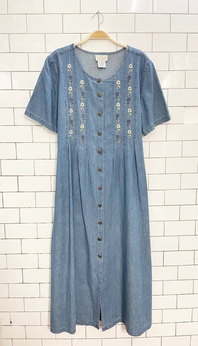 vintage 90s tradition embroidered tie back denim maxi dress - good market thrift store