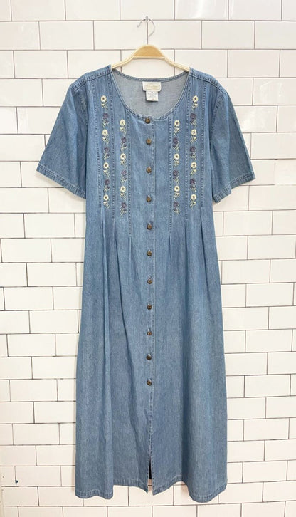 vintage 90s tradition embroidered tie back denim maxi dress - good market thrift store