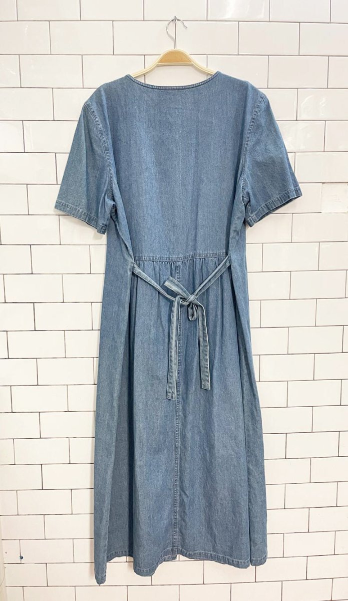 vintage 90s tradition embroidered tie back denim maxi dress - good market thrift store