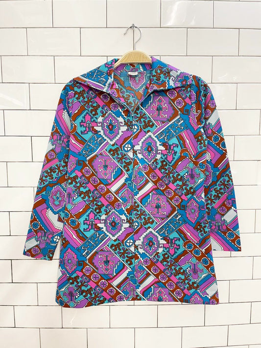 vintage 60s simpsons retro poly - knit 1/2 zip top - good market thrift store