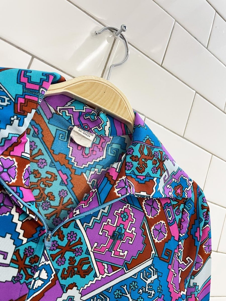 vintage 60s simpsons retro poly - knit 1/2 zip top - good market thrift store